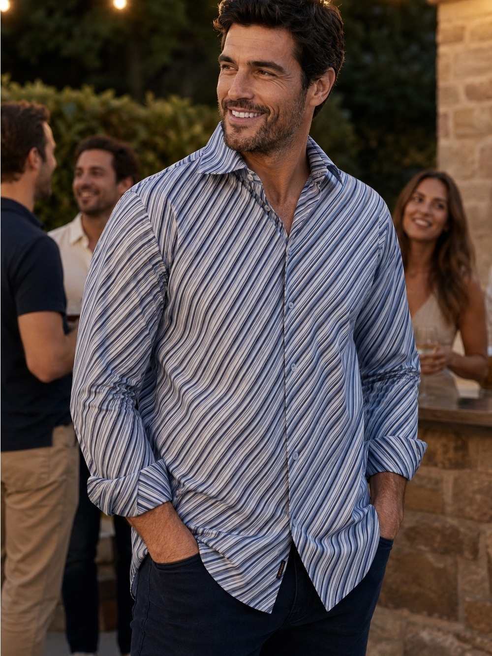 Ben Sherman Blue Striped Button Front Shirt XXL Mod Inspired Long Sleeve